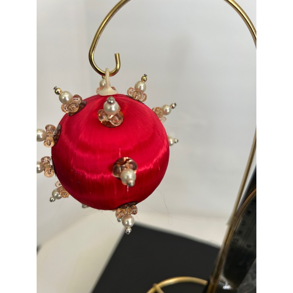 Ornament Christmas Red Beaded Sequin Satin Push Pin Handmade Vintage Collectible